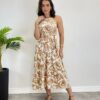 Vestido Midi Bianca sem Bojo com Amarração Estampado de Bege - Fernanda Ramos Store