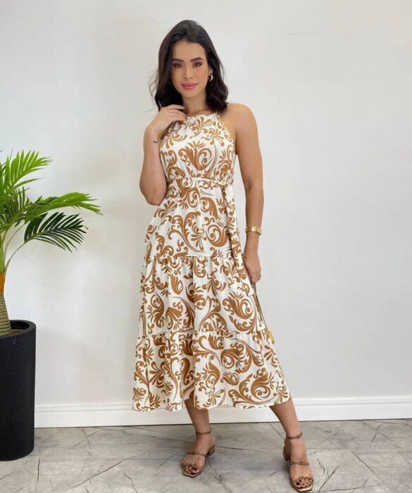 Vestido Midi Bianca sem Bojo com Amarração Estampado de Bege - Fernanda Ramos Store