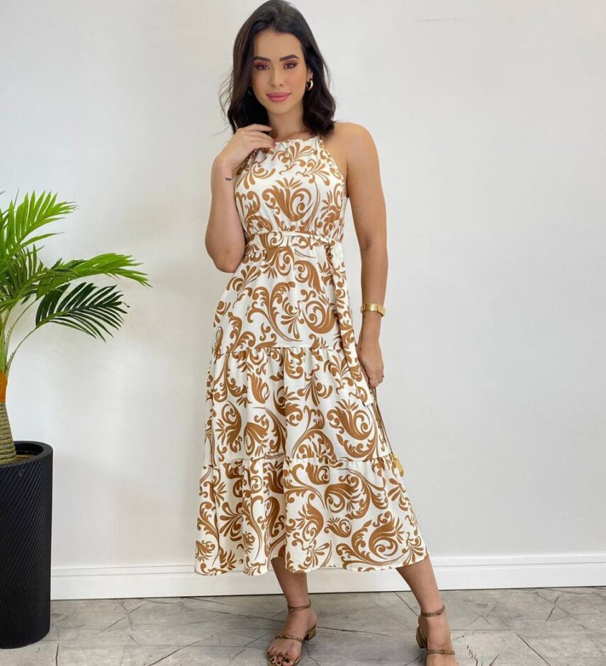 Vestido Midi Bianca sem Bojo com Amarração Estampado de Bege - Fernanda Ramos Store