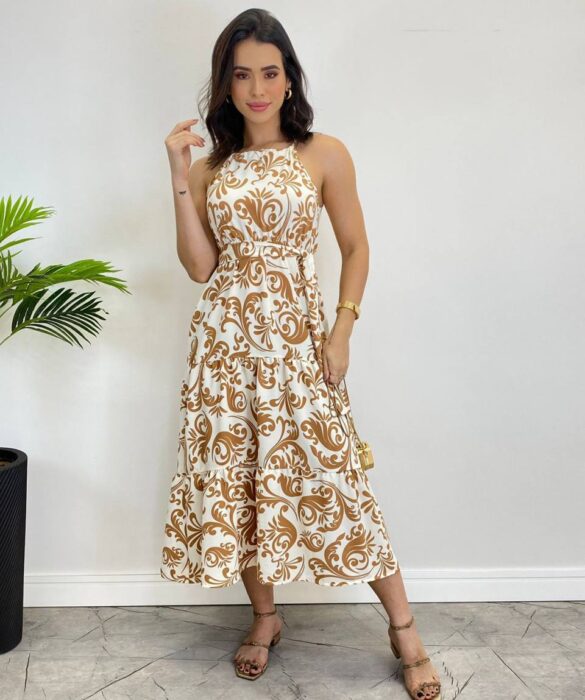 Vestido Midi Bianca sem Bojo com Amarração Estampado de Bege - Fernanda Ramos Store