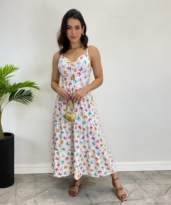 Vestido Midi com Bojo e Alça Regulável Estampa Borboletas Branco - Fernanda Ramos Store