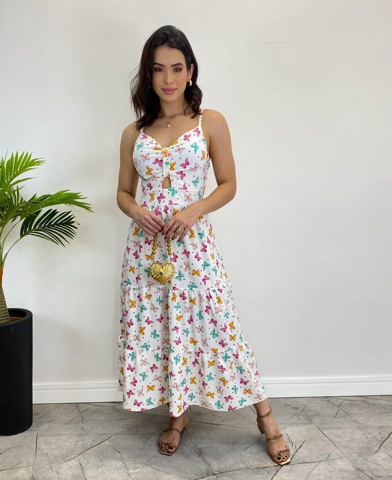 Vestido Midi com Bojo e Alça Regulável Estampa Borboletas Branco - Fernanda Ramos Store