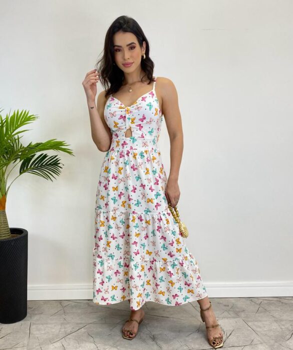 Vestido Midi com Bojo e Alça Regulável Estampa Borboletas Branco - Fernanda Ramos Store