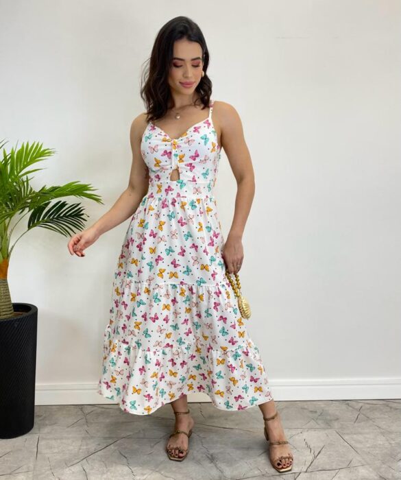 Vestido Midi com Bojo e Alça Regulável Estampa Borboletas Branco - Fernanda Ramos Store