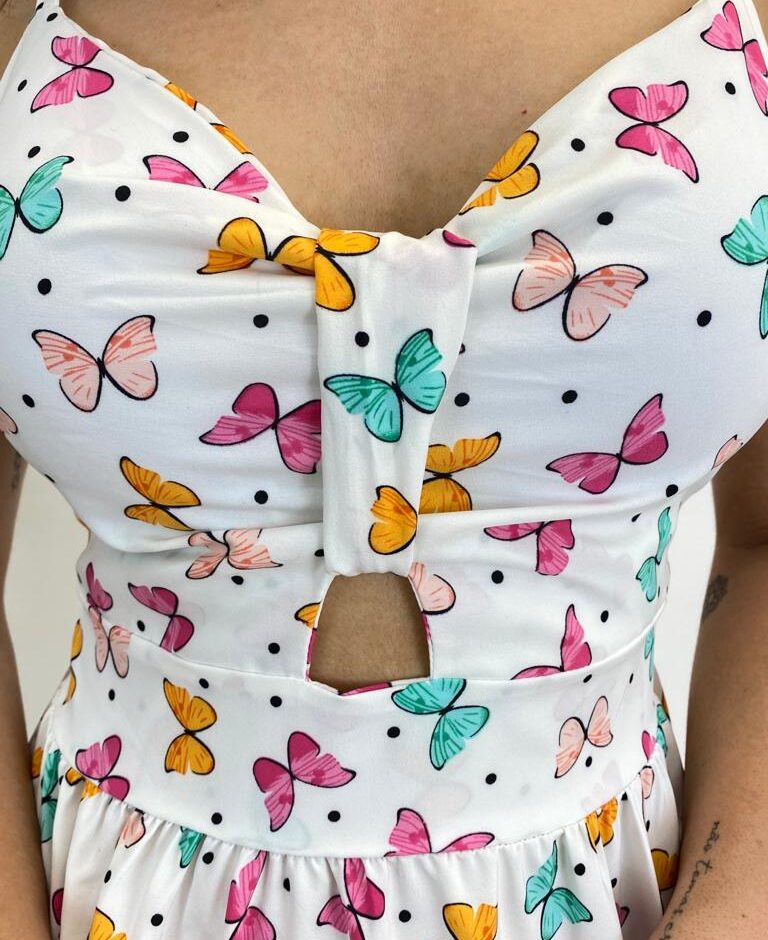 Vestido Midi com Bojo e Alça Regulável Estampa Borboletas Branco - Fernanda Ramos Store
