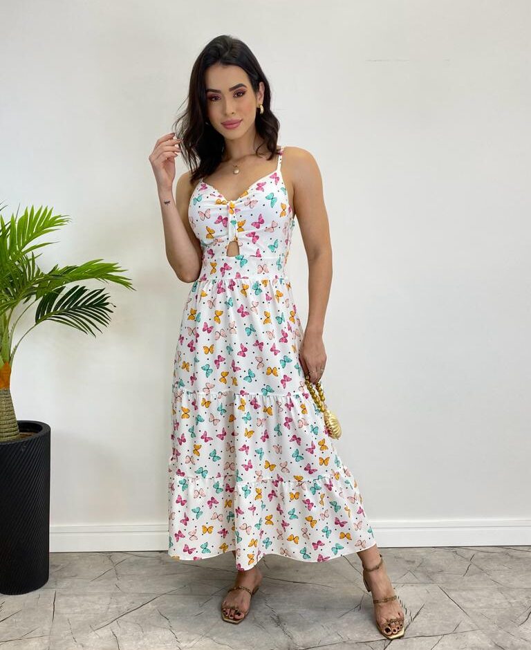 Vestido Midi com Bojo e Alça Regulável Estampa Borboletas Branco - Fernanda Ramos Store