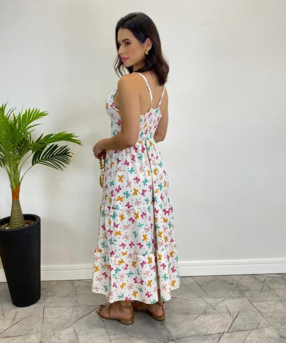 Vestido Midi com Bojo e Alça Regulável Estampa Borboletas Branco - Fernanda Ramos Store