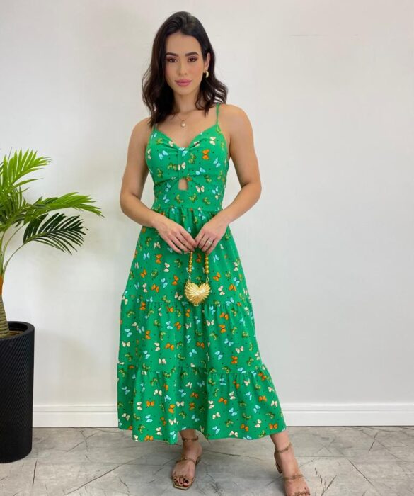 Vestido Midi com Bojo e Alça Regulável Estampa Borboletas Verde - Fernanda Ramos Store