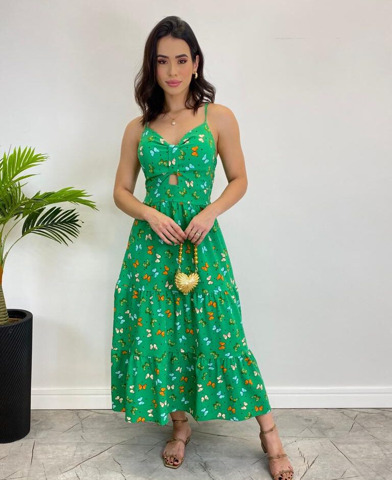 Vestido Midi com Bojo e Alça Regulável Estampa Borboletas Verde - Fernanda Ramos Store