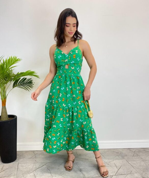 Vestido Midi com Bojo e Alça Regulável Estampa Borboletas Verde - Fernanda Ramos Store