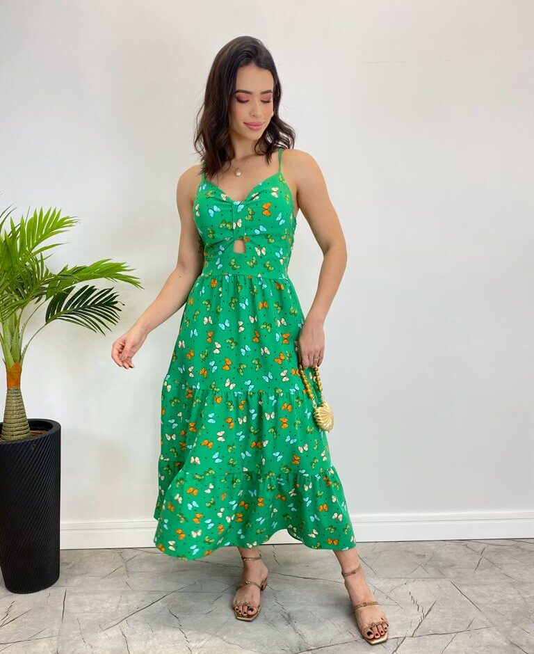 Vestido Midi com Bojo e Alça Regulável Estampa Borboletas Verde - Fernanda Ramos Store