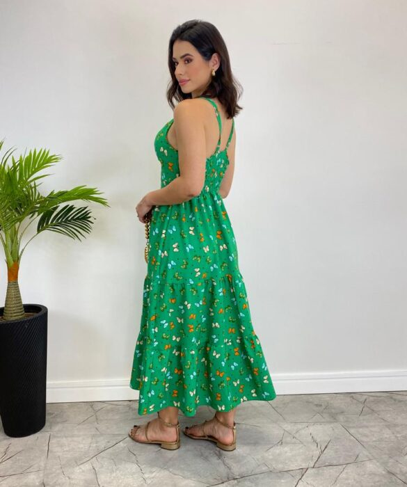 Vestido Midi com Bojo e Alça Regulável Estampa Borboletas Verde - Fernanda Ramos Store