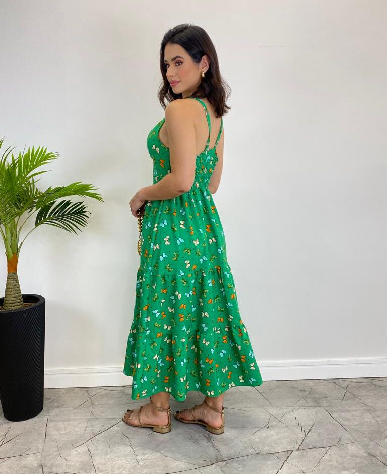 Vestido Midi com Bojo e Alça Regulável Estampa Borboletas Verde - Fernanda Ramos Store