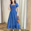 Vestido Midi Jeans Manga Bufante sem Bojo com Lastex - Fernanda Ramos Store