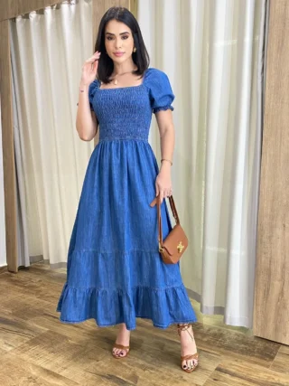 Vestido Midi Jeans Manga Bufante sem Bojo com Lastex - Fernanda Ramos Store