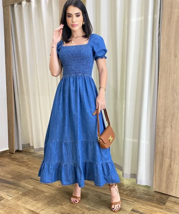 Vestido Midi Jeans Manga Bufante sem Bojo com Lastex - Fernanda Ramos Store