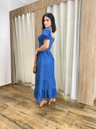 Vestido Midi Jeans Manga Bufante sem Bojo com Lastex - Fernanda Ramos Store