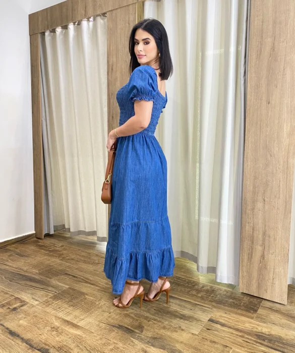 Vestido Midi Jeans Manga Bufante sem Bojo com Lastex - Fernanda Ramos Store