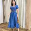 Vestido Midi Jeans Manga Bufante sem Bojo com Lastex - Fernanda Ramos Store