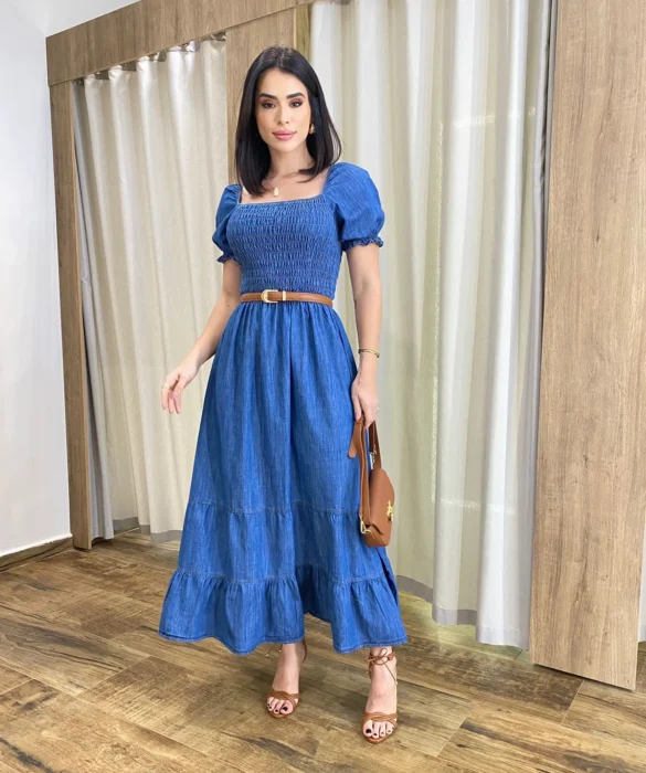 Vestido Midi Jeans Manga Bufante sem Bojo com Lastex - Fernanda Ramos Store