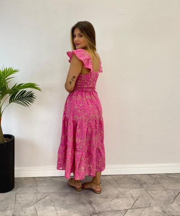 Vestido Midi Juliana sem Bojo Bordado Floral Pink - Fernanda Ramos Store