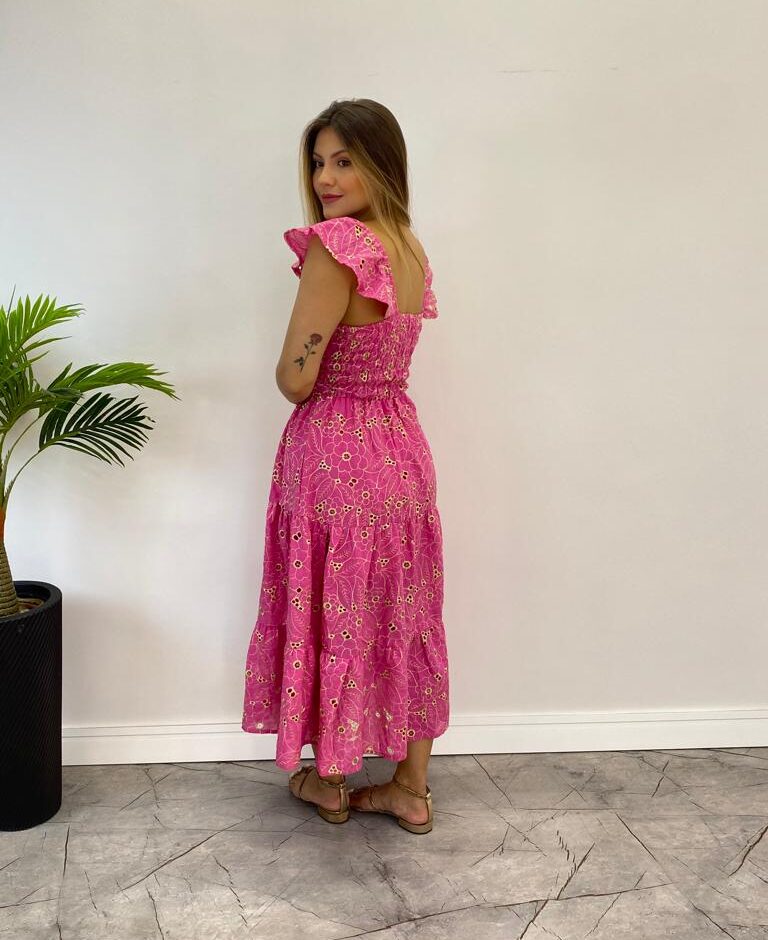 Vestido Midi Juliana sem Bojo Bordado Floral Pink - Fernanda Ramos Store