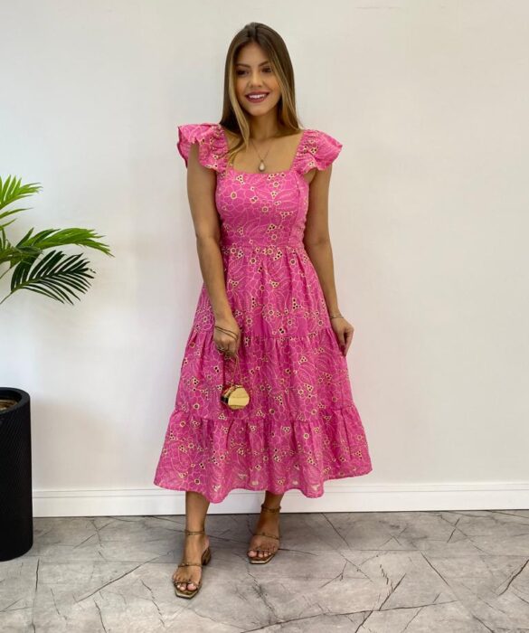 Vestido Midi Juliana sem Bojo Bordado Floral Pink - Fernanda Ramos Store