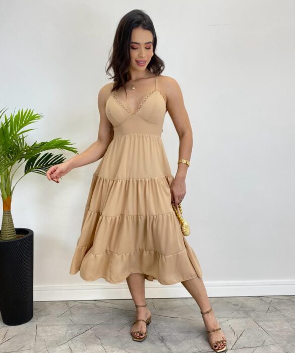 Vestido Midi Laura com Bojo e Amarração Atrás Bege - Fernanda Ramos Store