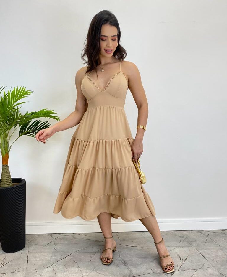 Vestido Midi Laura com Bojo e Amarração Atrás Bege - Fernanda Ramos Store