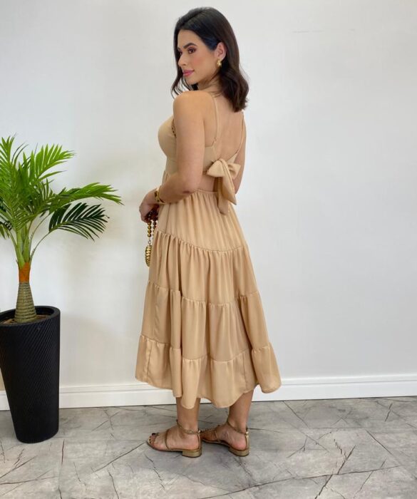 Vestido Midi Laura com Bojo e Amarração Atrás Bege - Fernanda Ramos Store