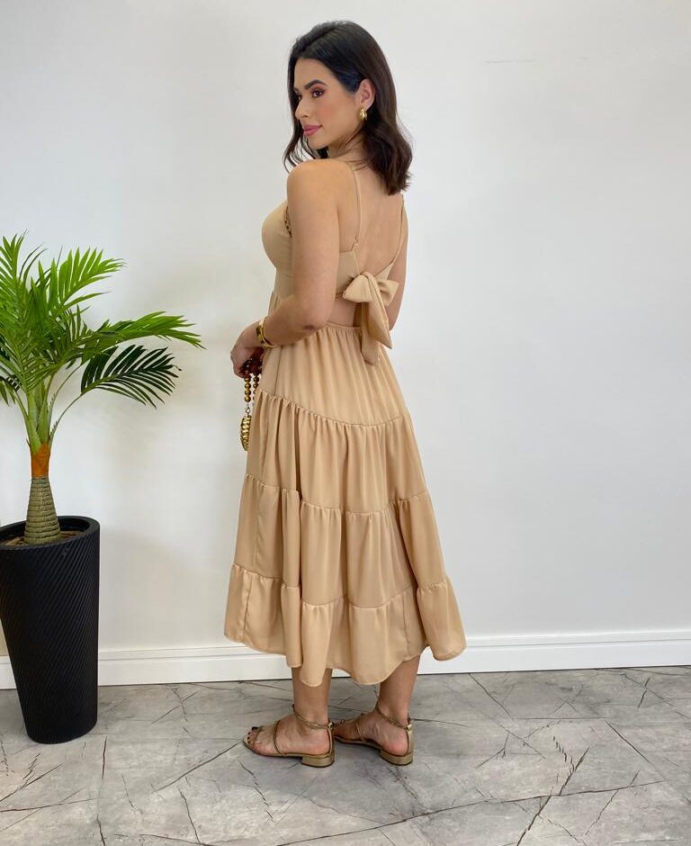 Vestido Midi Laura com Bojo e Amarração Atrás Bege - Fernanda Ramos Store