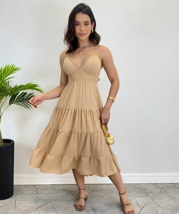 Vestido Midi Laura com Bojo e Amarração Atrás Bege - Fernanda Ramos Store