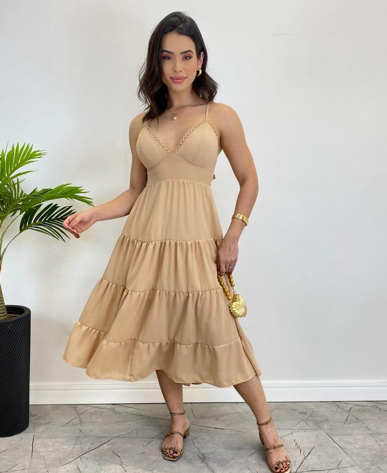 Vestido Midi Laura com Bojo e Amarração Atrás Bege - Fernanda Ramos Store