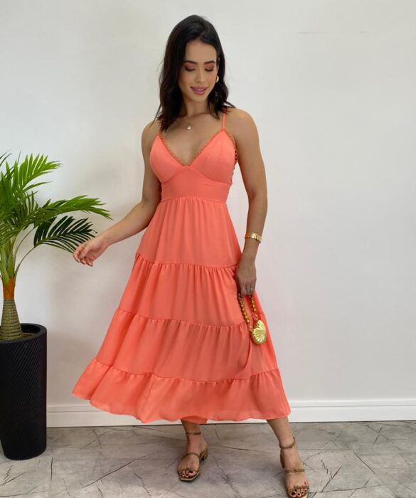 Vestido Midi Laura com Bojo e Amarração Atrás Salmão - Fernanda Ramos Store