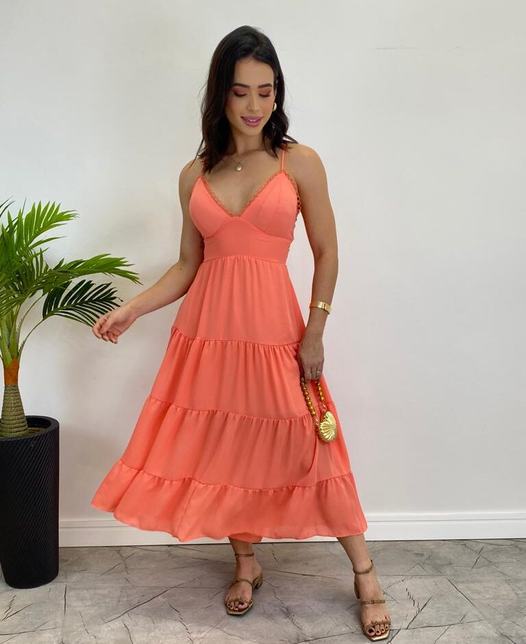 Vestido Midi Laura com Bojo e Amarração Atrás Salmão - Fernanda Ramos Store