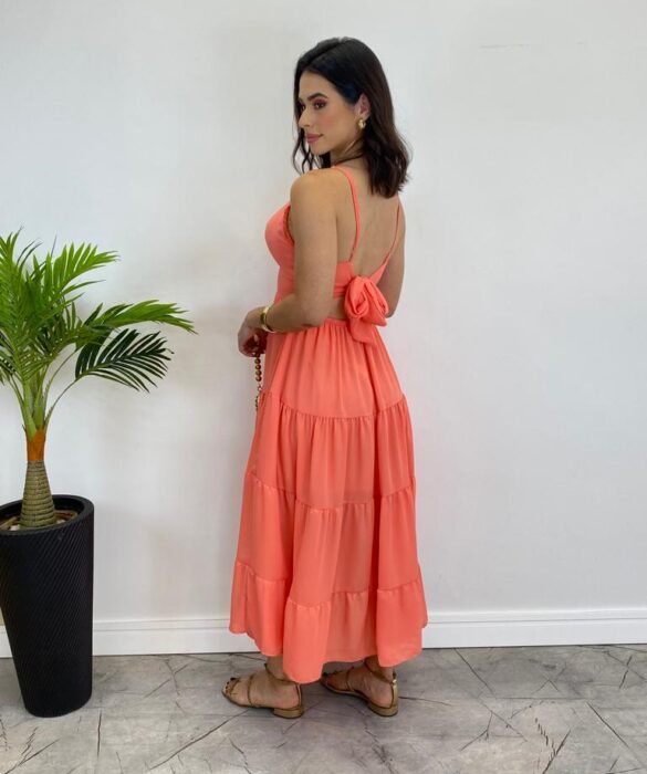 Vestido Midi Laura com Bojo e Amarração Atrás Salmão - Fernanda Ramos Store