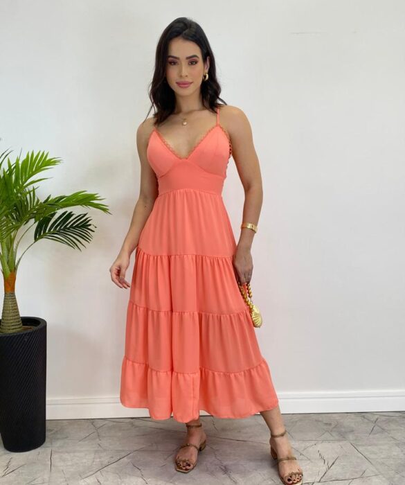 Vestido Midi Laura com Bojo e Amarração Atrás Salmão - Fernanda Ramos Store