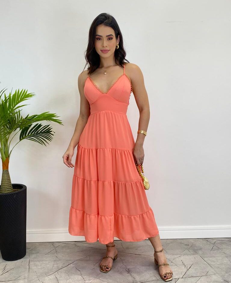 Vestido Midi Laura com Bojo e Amarração Atrás Salmão - Fernanda Ramos Store
