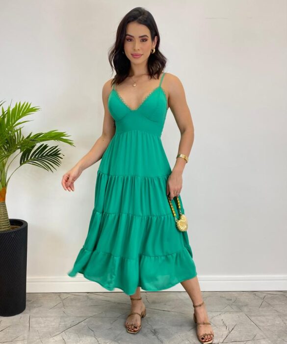 Vestido Midi Laura com Bojo e Amarração Atrás Verde - Fernanda Ramos Store