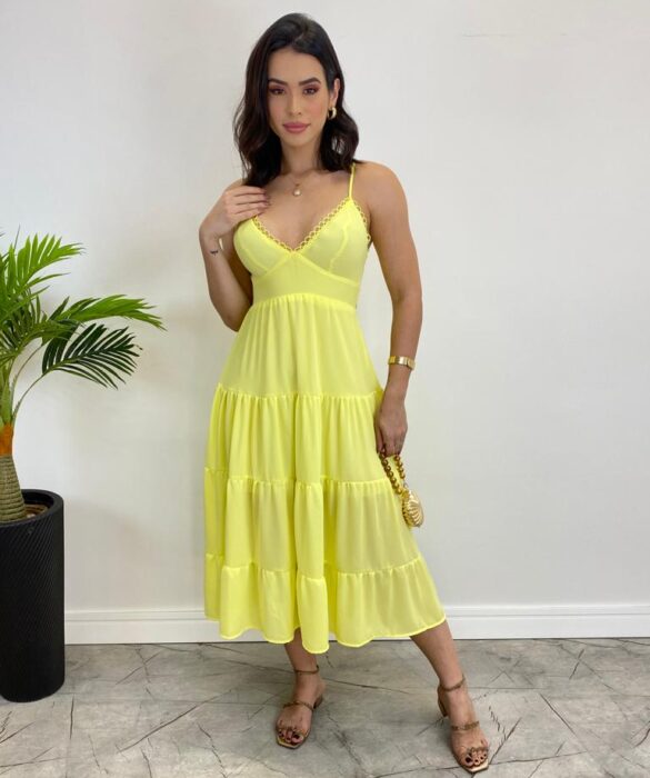 Vestido Midi Laura com Bojo e Amarração Atrás Verde Lima - Fernanda Ramos Store