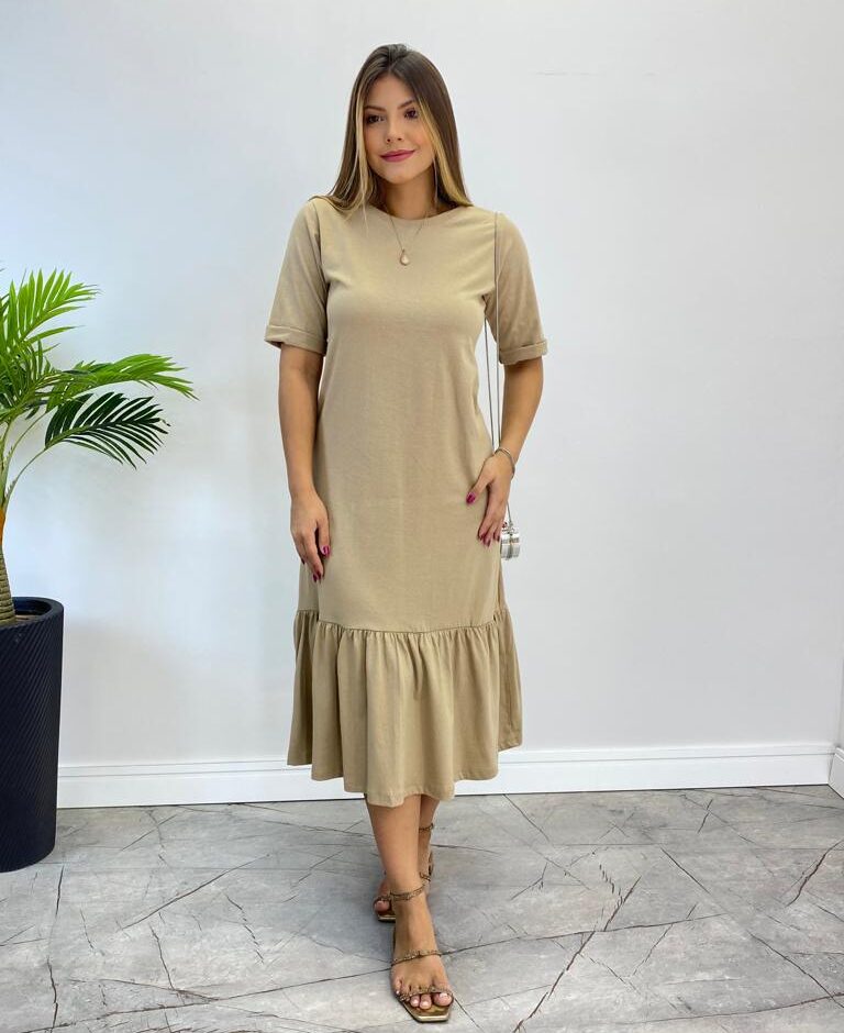 Vestido Midi Raquel sem Bojo Manga 3/4 Caqui - Fernanda Ramos Store