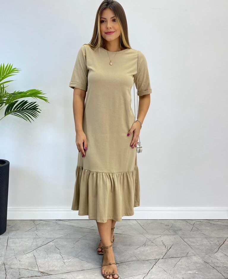 Vestido Midi Raquel sem Bojo Manga 3/4 Caqui - Fernanda Ramos Store