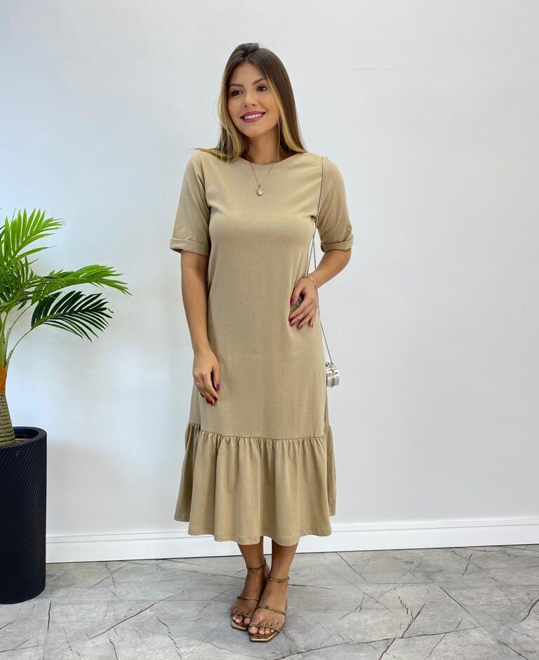 Vestido Midi Raquel sem Bojo Manga 3/4 Caqui - Fernanda Ramos Store