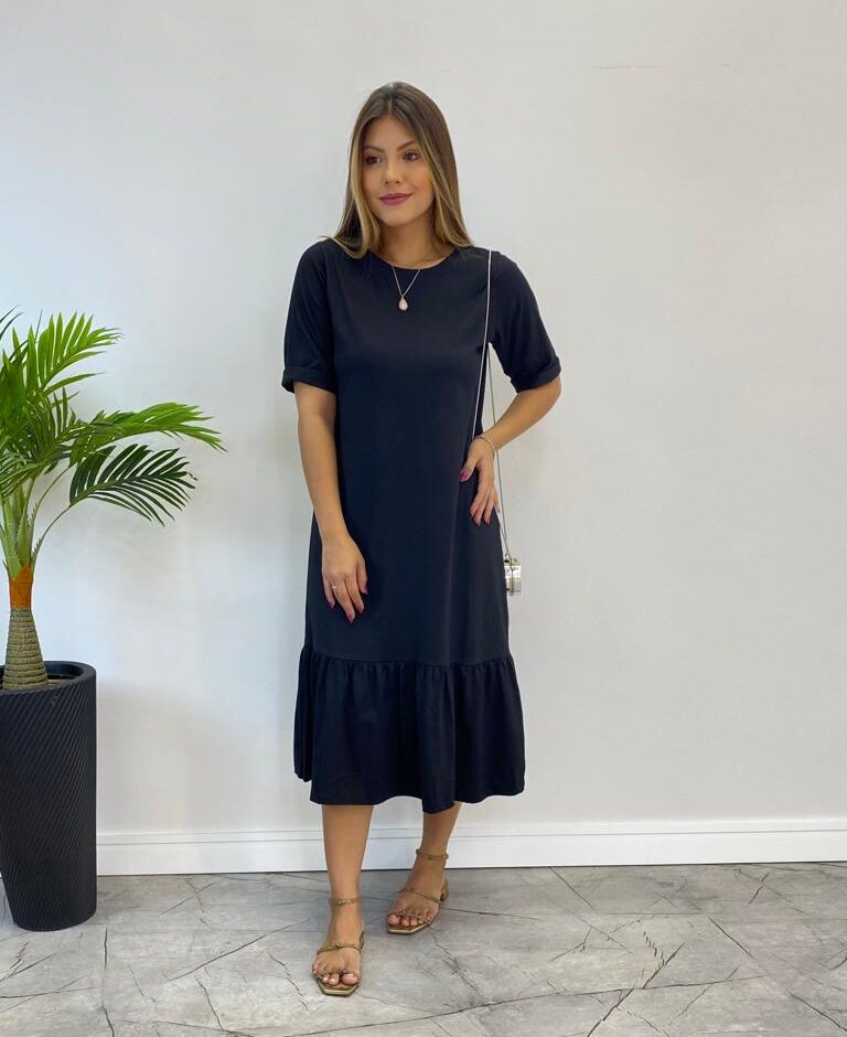 Vestido Midi Raquel sem Bojo Manga 3/4 Preto - Fernanda Ramos Store