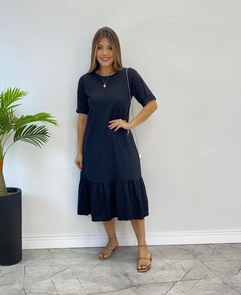Vestido Midi Raquel sem Bojo Manga 3/4 Preto - Fernanda Ramos Store
