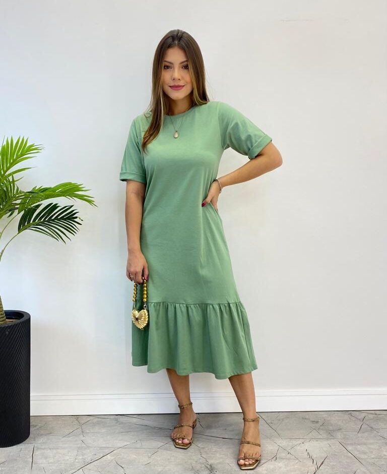 Vestido Midi Raquel sem Bojo Manga 3/4 Verde Menta - Fernanda Ramos Store