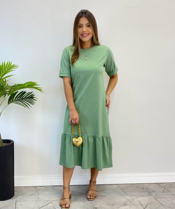 Vestido Midi Raquel sem Bojo Manga 3/4 Verde Menta - Fernanda Ramos Store