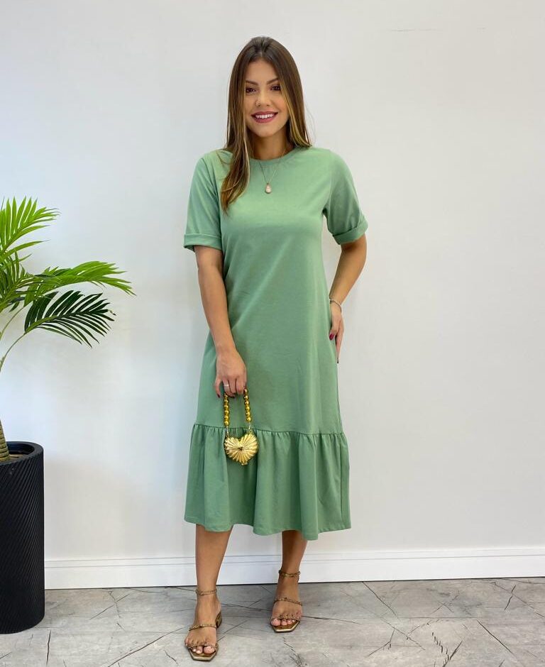 Vestido Midi Raquel sem Bojo Manga 3/4 Verde Menta - Fernanda Ramos Store