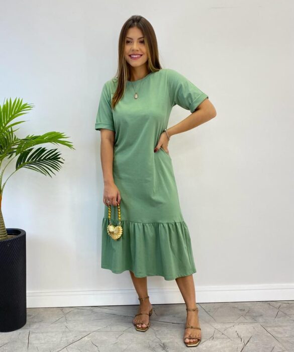 Vestido Midi Raquel sem Bojo Manga 3/4 Verde Menta - Fernanda Ramos Store