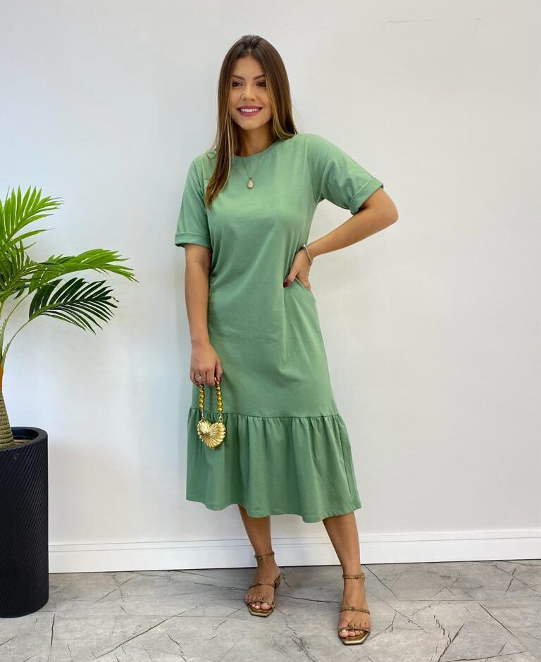Vestido Midi Raquel sem Bojo Manga 3/4 Verde Menta - Fernanda Ramos Store